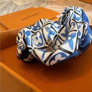 Authentic Louis Vuitton Blue & White Monogram Floral Scrunchie with LV Charm